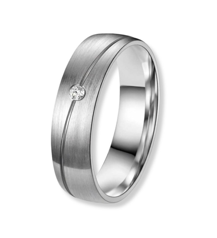 Anillo alianza de mujer en titanio con acabado mate y zirconita incrustada, diseño moderno y minimalista