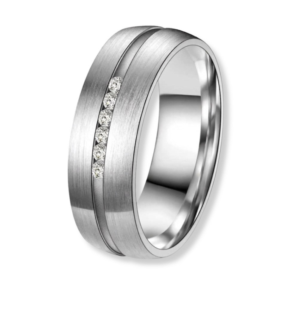 Anillo de alianza para mujer de titanio con acabado mate y circonitas incrustadas en línea lateral