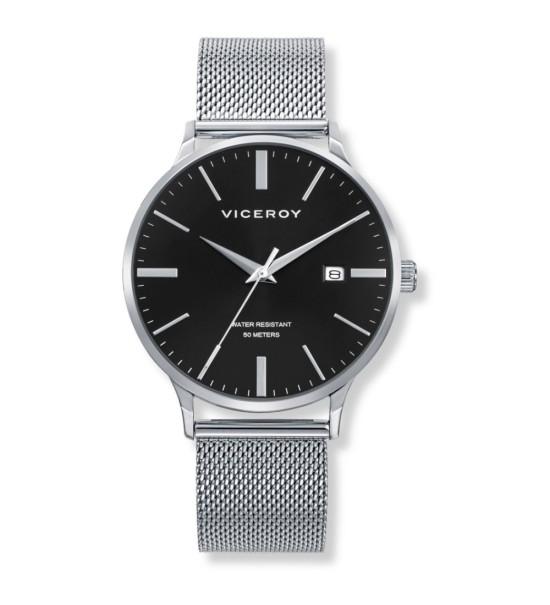 Reloj Viceroy clásico para hombre con esfera negra y correa milanesa de acero inoxidable