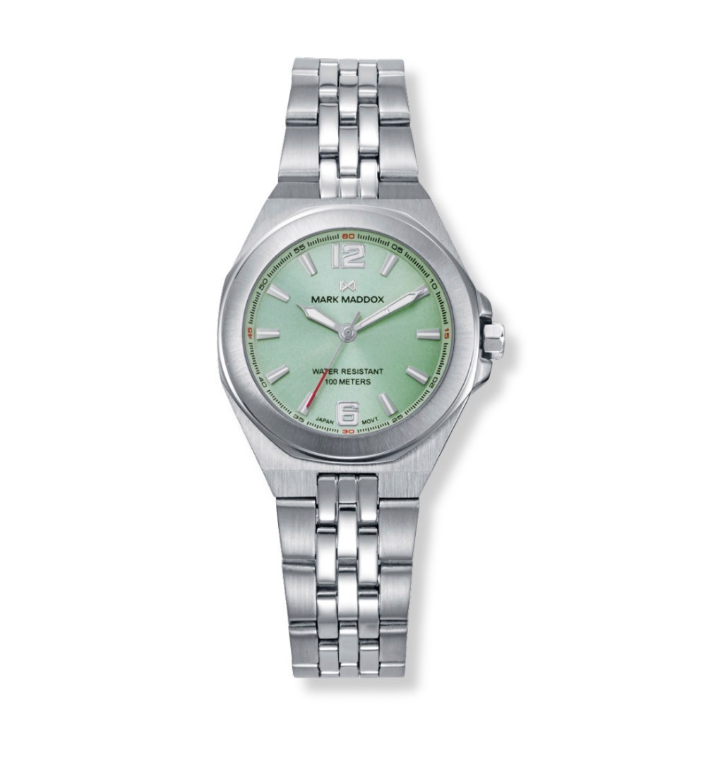 Reloj Mark Maddox para mujer con esfera verde pálida y correa de acero elegante