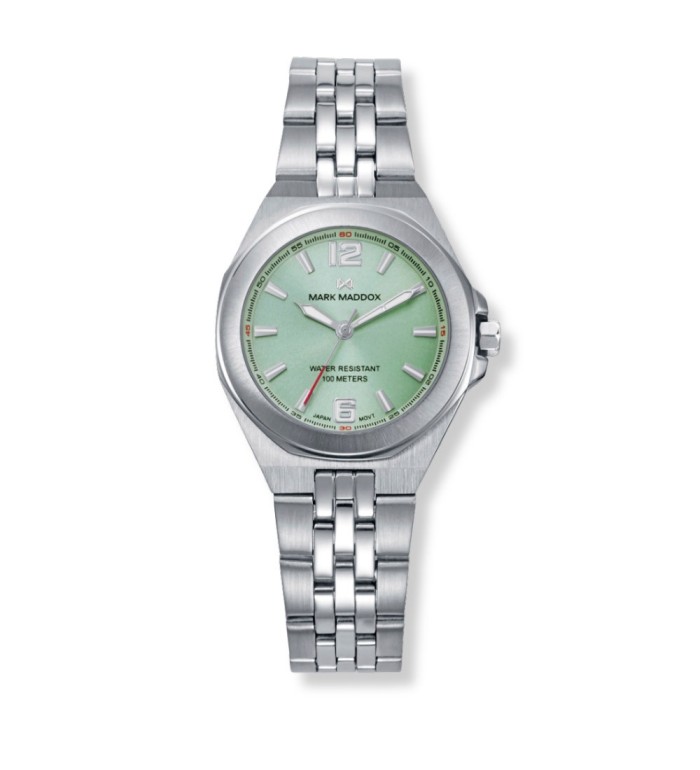 Reloj Mark Maddox para mujer con esfera verde pálida y correa de acero elegante