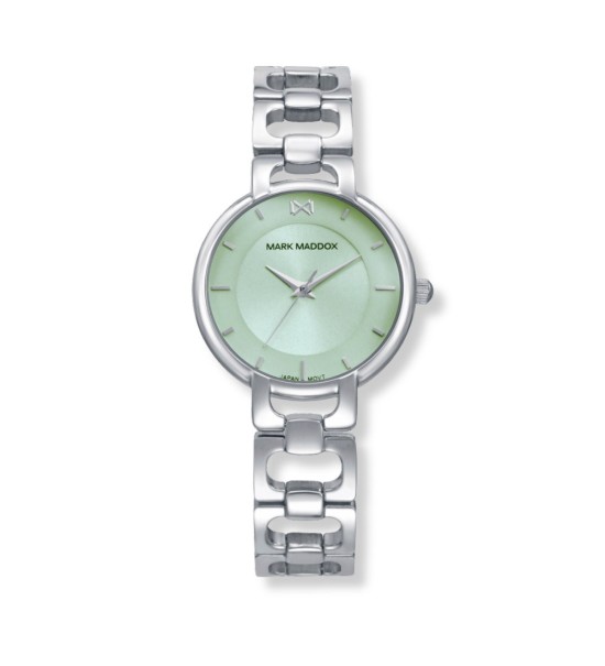 Reloj Mark Maddox para mujer con esfera verde suave y correa metálica elegante