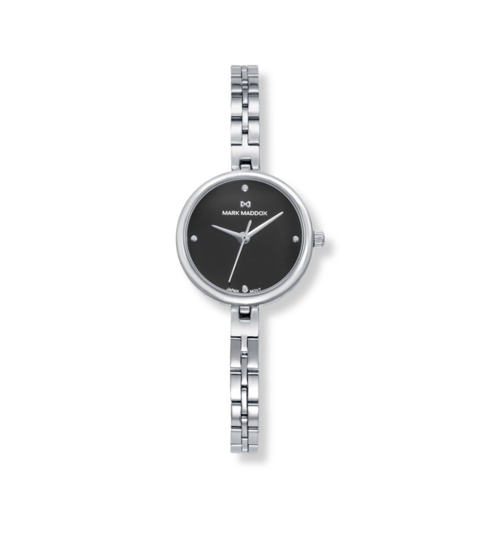 Reloj Mark Maddox con esfera negra minimalista y cadena de acero plateado