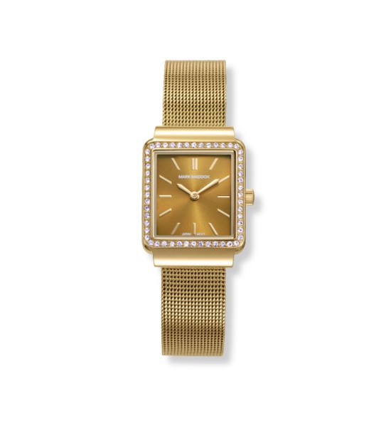 Reloj de mujer dorado con esfera cuadrada y correa de malla elegante