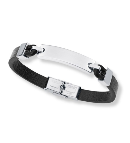 Pulsera Viceroy de acero y piel negra con placa lisa ideal para grabar
