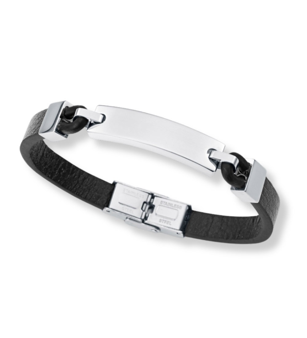Pulsera Viceroy de acero y piel negra con placa lisa ideal para grabar