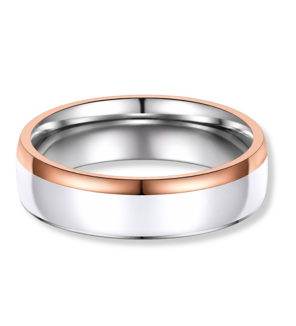 Anillo de alianza de boda en acero bicolor con acabado en tono rosa 14k, diseño moderno y elegante.