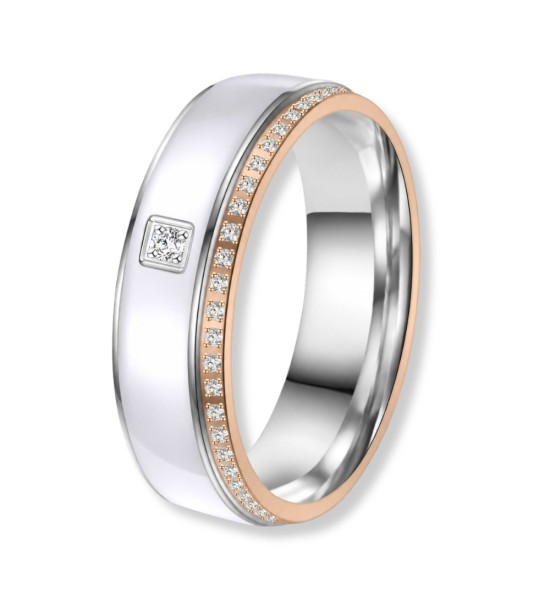 Anillo de alianza bicolor en acero con detalle en tono rosa 14k y circonitas brillantes