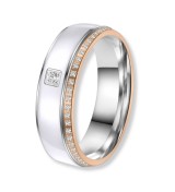 Anell d’aliança bicolor en acer amb detall en to rosa 14k i línia de zirconites brillants