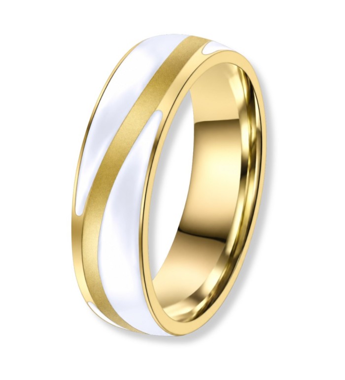 Anillo de alianza de acero dorado 14k con esmalte blanco, diseño moderno para boda