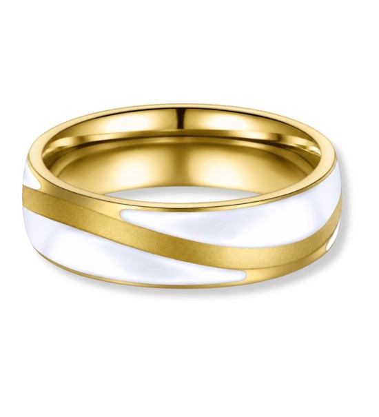 Anillo de alianza de acero dorado 14k con esmalte blanco, diseño moderno para boda