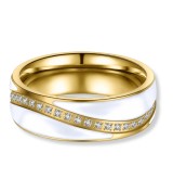 Anillo de alianza en acero dorado 14k con esmalte blanco y zirconitas brillantes