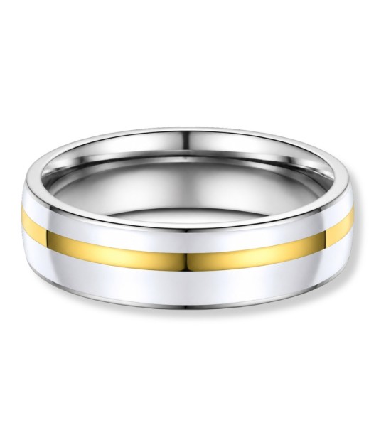 Alianza de acero bicolor con detalle dorado 14k y esmalte blanco elegante