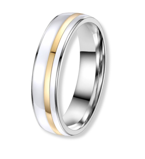 Anell d’aliança d’acer bicolor amb detall daurat 14k i esmalt blanc elegant