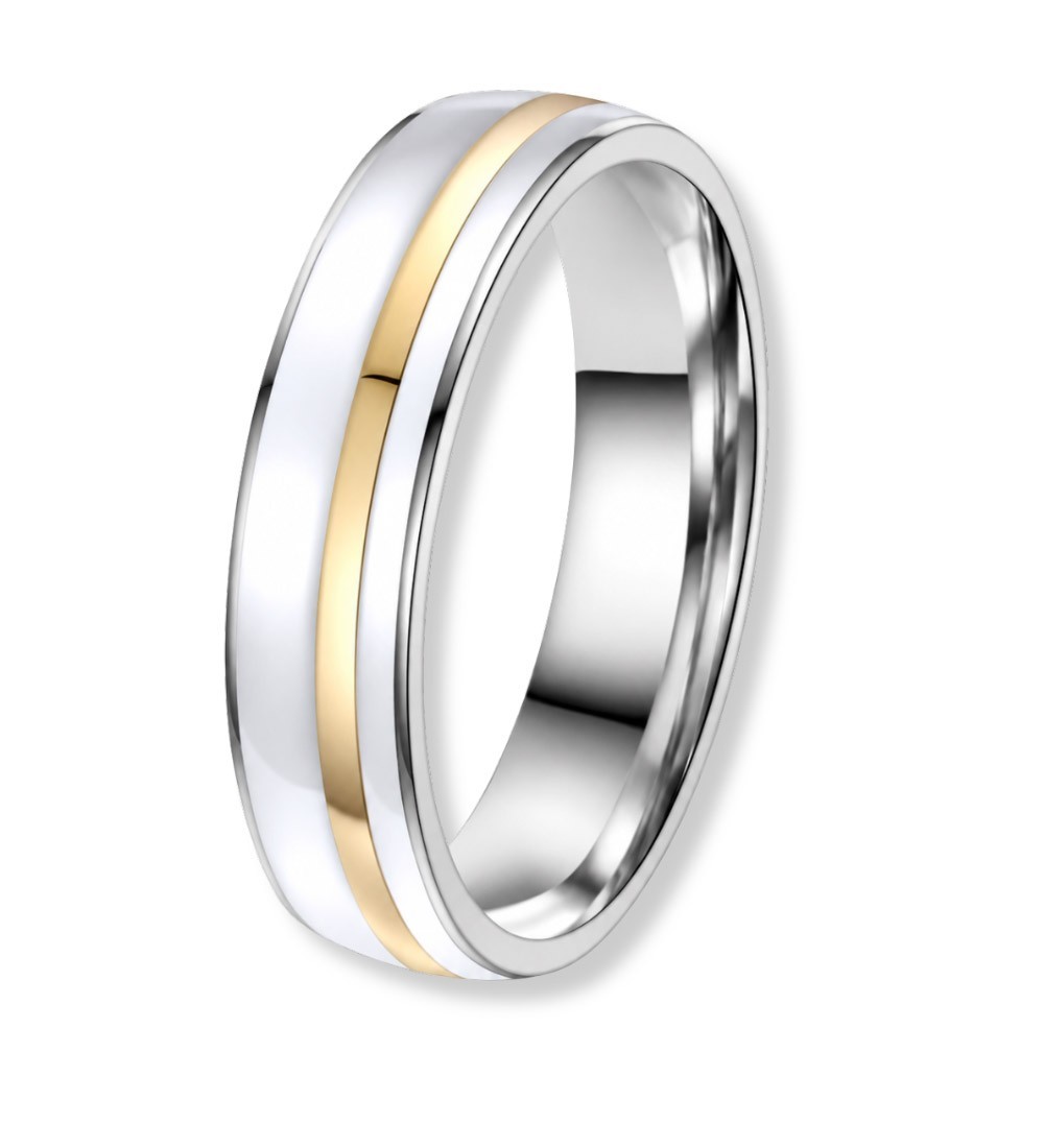 Alianza de acero bicolor con detalle dorado 14k y esmalte blanco elegante