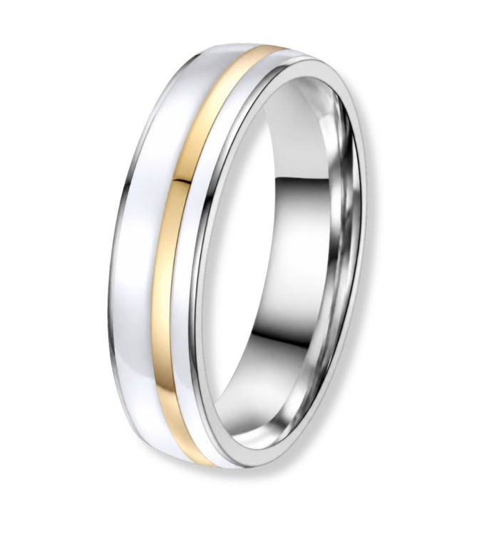 Alianza de acero bicolor con detalle dorado 14k y esmalte blanco elegante