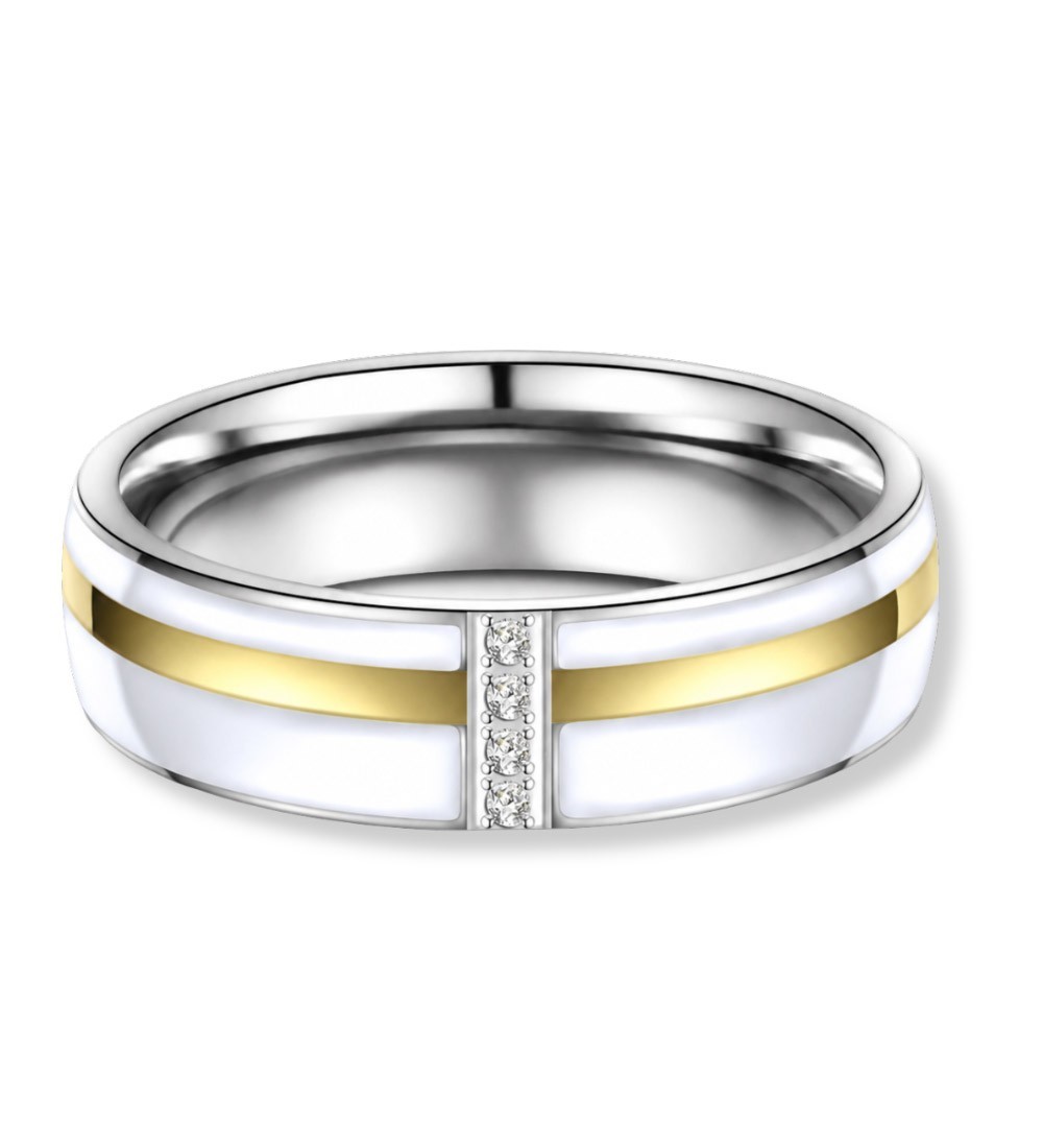 Anillo de alianza bicolor en acero con detalle dorado 14k, esmalte blanco y circonitas