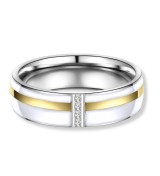 Anell d’aliança bicolor d’acer amb detall daurat 14k, esmalt blanc i zirconites brillants