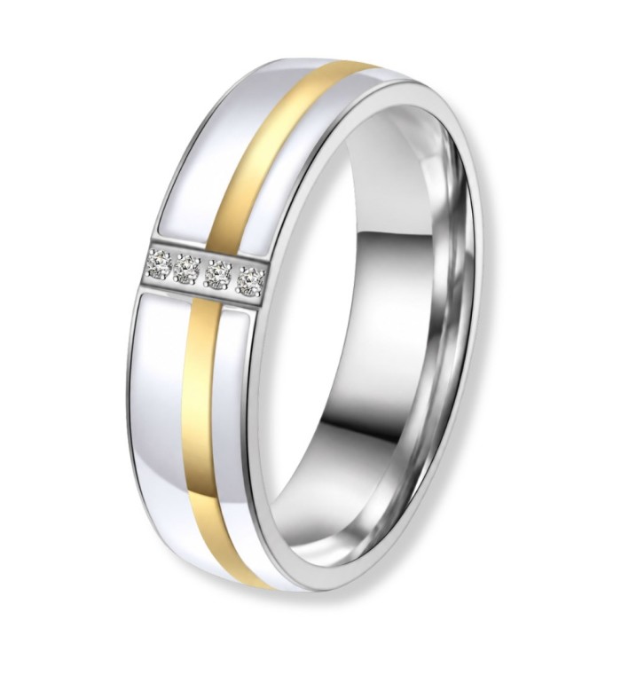 Anillo de alianza bicolor en acero con detalle dorado 14k, esmalte blanco y circonitas