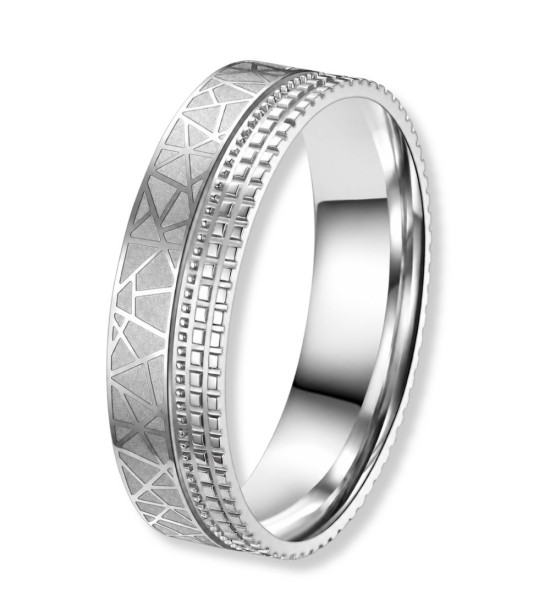 Anillo de alianza de acero con grabado geométrico y acabado mate-brillo