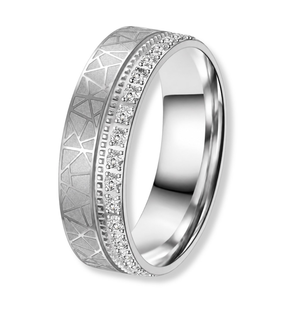 Anell d’aliança de casament en acer amb zirconites brillants i gravat geomètric modern