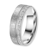 Anell d’aliança de casament en acer amb zirconites brillants i gravat geomètric modern