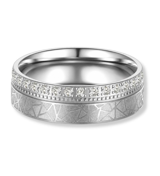 Anillo de alianza de boda en acero con circonitas brillantes y diseño geométrico moderno