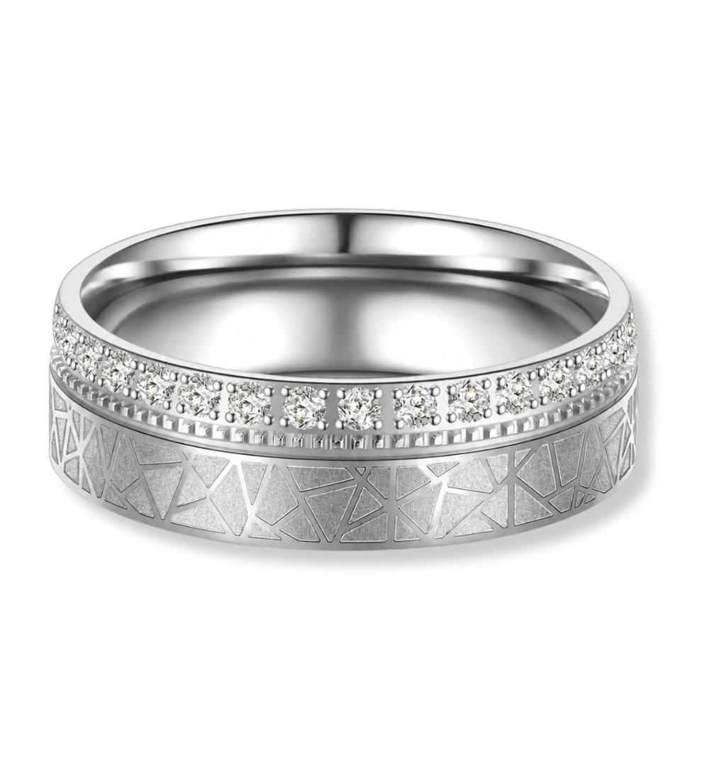 Anell d’aliança de casament en acer amb zirconites brillants i gravat geomètric modern