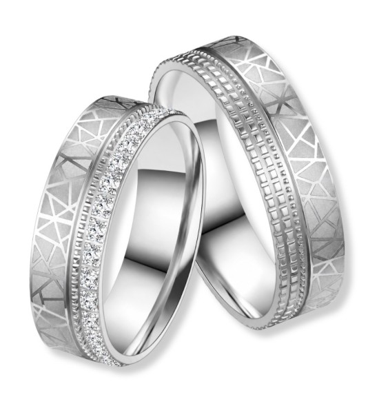 Anell d’aliança de casament en acer amb zirconites brillants i gravat geomètric modern