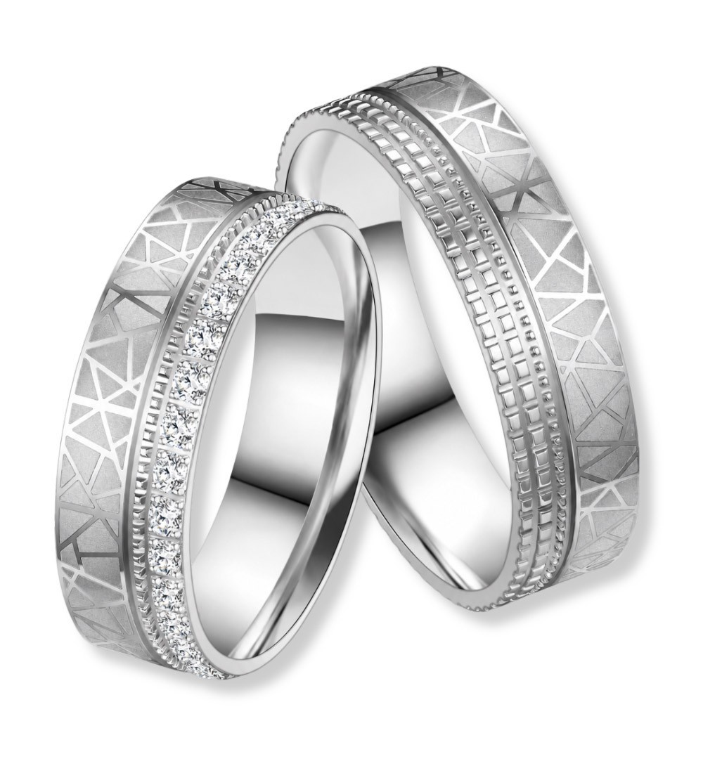 Anillo de alianza de boda en acero con circonitas brillantes y diseño geométrico moderno