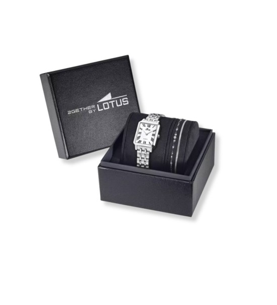Reloj Lotus cuadrado para mujer con esfera blanca y pack con pulsera de acero elegante