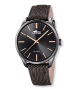 Reloj Lotus para hombre con esfera negra, caja IP negra y correa textil marrón