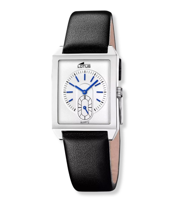 Reloj Lotus para hombre con caja cuadrada de acero y correa de piel negra elegante.