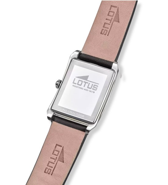 Reloj Lotus para hombre con caja cuadrada de acero y correa de piel negra elegante.