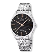 Reloj Lotus para hombre de acero con esfera negra texturizada y elegante brazalete metálico.