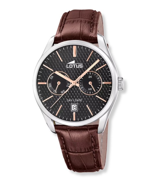Reloj Lotus multifunción para hombre con esfera negra texturizada, caja de acero y correa de piel marrón elegante.