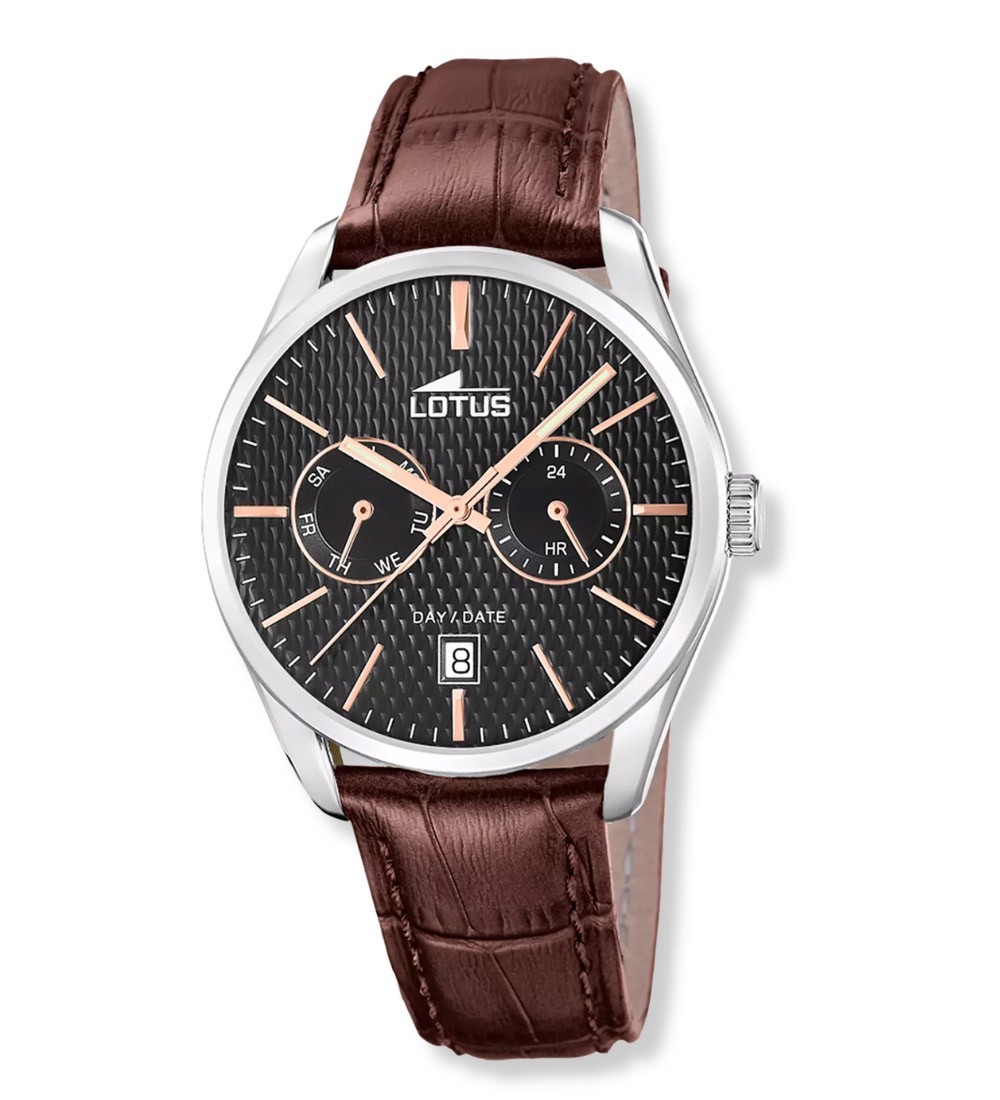 Reloj Lotus multifunción para hombre con esfera negra texturizada, caja de acero y correa de piel marrón elegante.