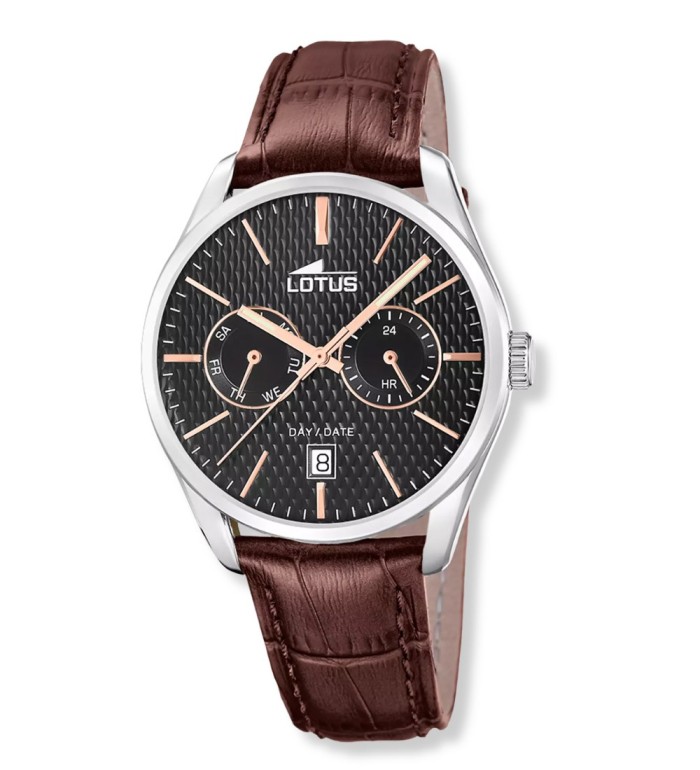 Reloj Lotus multifunción para hombre con esfera negra texturizada, caja de acero y correa de piel marrón elegante.