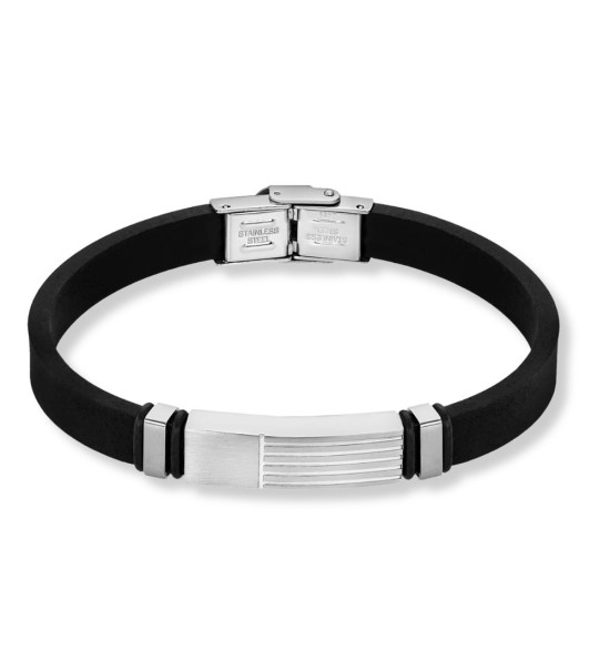 Brazalete Lotus Style para hombre con placa grabable de acero inoxidable y caucho negro de estilo moderno y elegante.