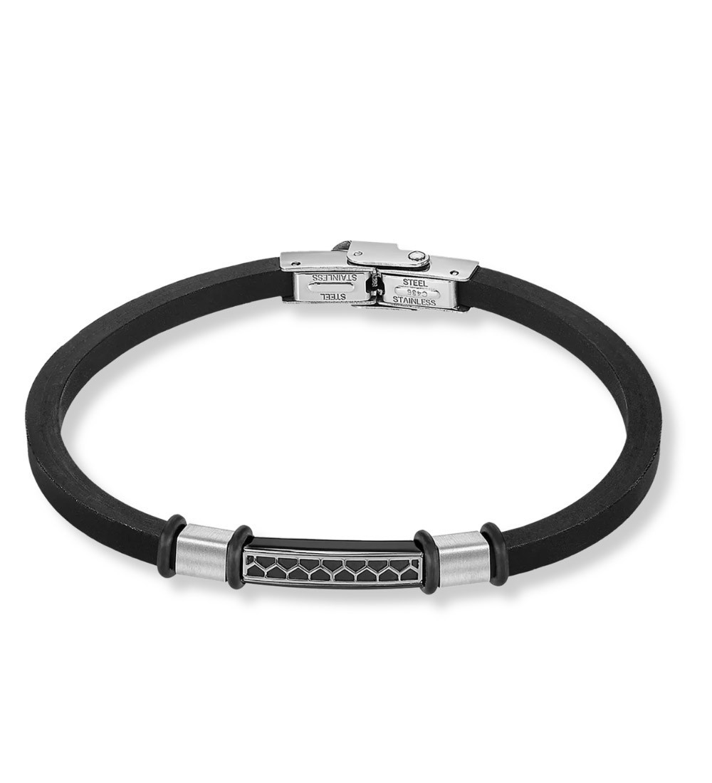 Brazalete Lotus Style para hombre de acero bicolor negro con caucho y placa grabable. Diseño moderno y elegante para uso diario.