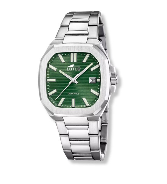 Reloj Lotus para hombre con esfera verde, caja cuadrada de acero y cadena metálica elegante.