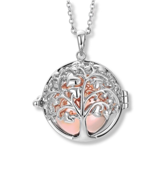 Collar llamador de ángeles de acero bicolor con árbol de la vida y cadena larga para embarazadas.