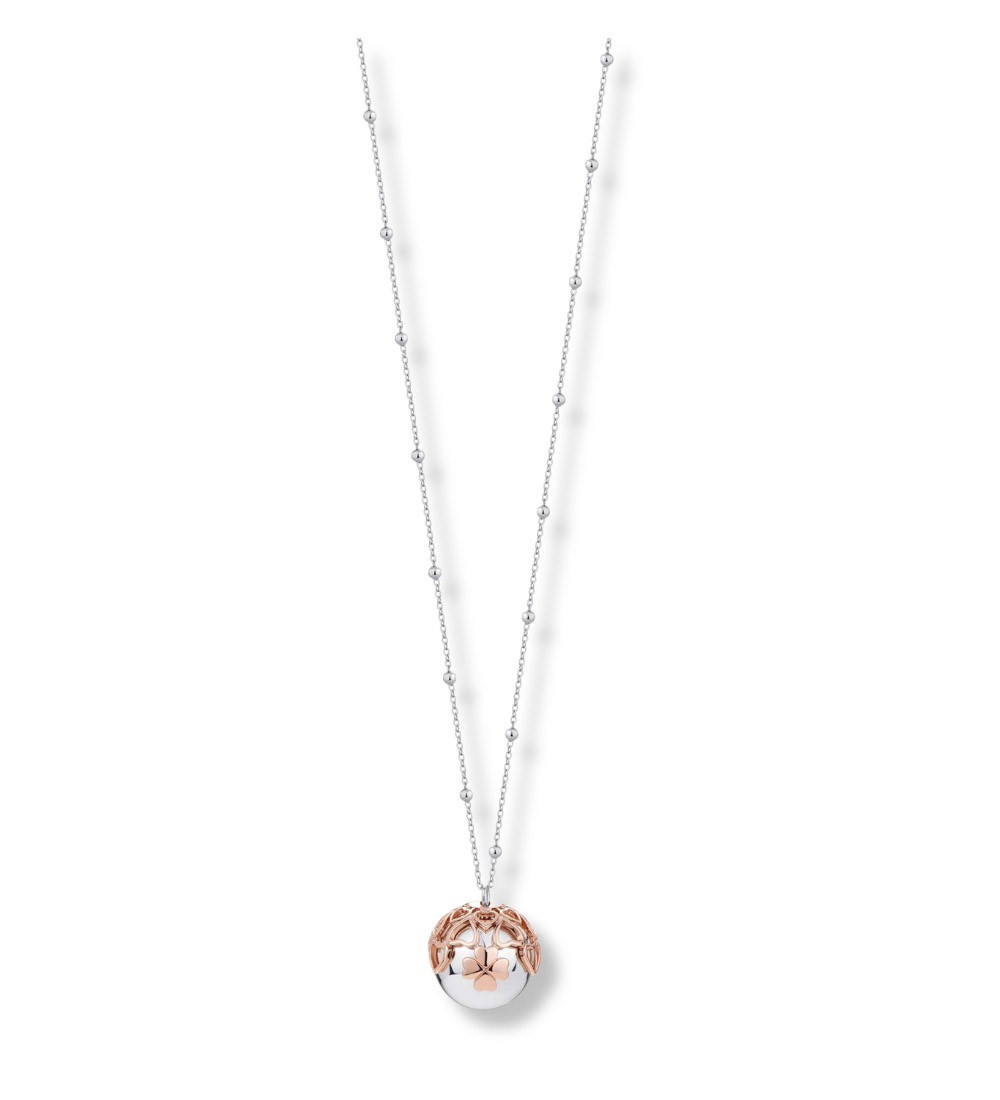 Collar llamador de ángeles de acero bicolor IP rosa con trébol y cadena larga para embarazadas.