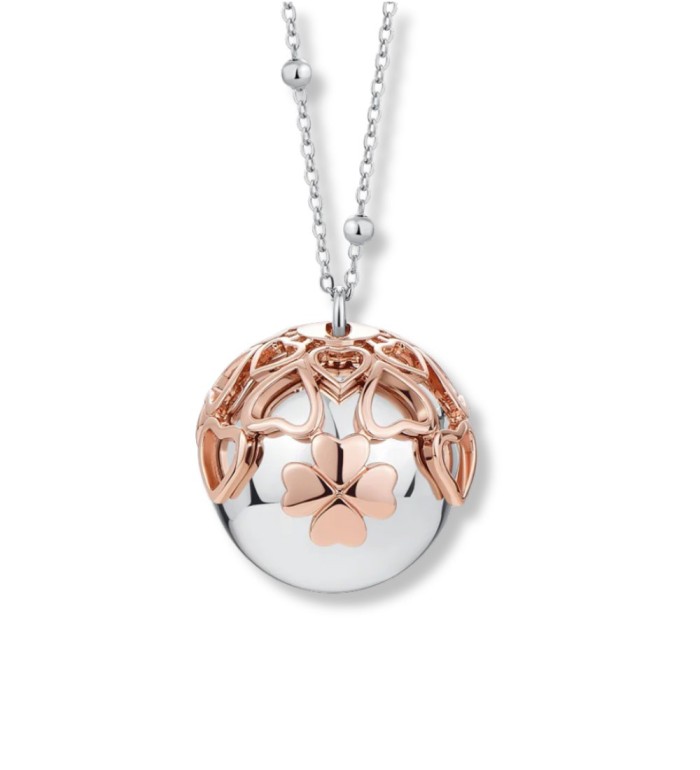 Collar llamador de ángeles de acero bicolor IP rosa con trébol y cadena larga para embarazadas.