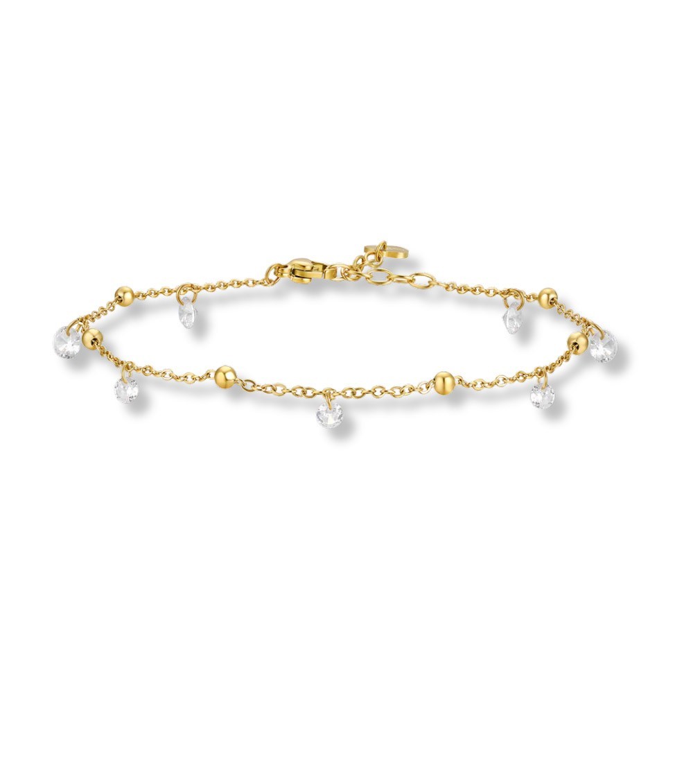 Tobillera de acero dorado con colgantes de circonitas brillantes y diseño elegante para mujer.