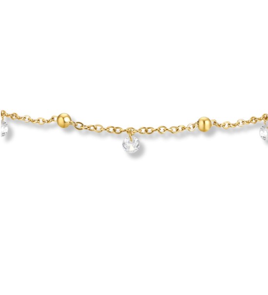 Tobillera de acero dorado con colgantes de circonitas brillantes y diseño elegante para mujer.