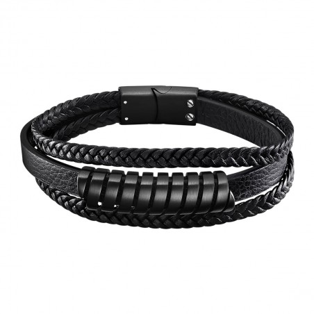 Pulsera Lotus de acero Ip negro y piel trenzada LS2208-2-3